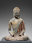 Sculpture probably of Amitābha; early 7th century; hollow dry lacquer with traces of gilt and polychrome pigment and gilding; height: 96.5 cm, width: 68.6 cm, depth: 57.1 cm; Metropolitan Museum of Art