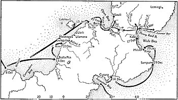Black and white map of central New Britain marked with many locations mentioned in the article, and arrows showing the main movements of Australian forces