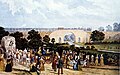 Painting of Skerne Bridge with spectators watching the first train cross