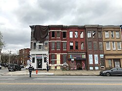 Buildings on the 1300 block of West North Avenue by the intersection with Woodbrook Avenue in Penn-North, Baltimore