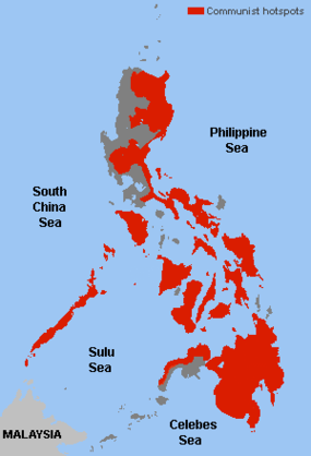 Hlavní oblasti komunistické aktivity na filipínském souostroví v 70. a 80. letech