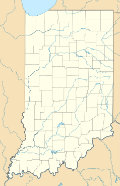 Mapa konturowa Indiany, blisko centrum na dole znajduje się punkt z opisem „Indiana University”