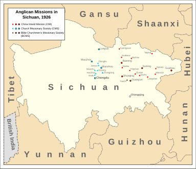 Map of Sichuan showing Anglican mission stations of CIM, CMS and BCMS, in the West China Diocese (pinyinified version)