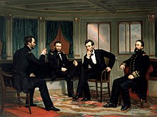 Painting of the four men conferring in a ship's cabin.