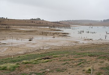 The remains of Old Adaminaby, on the shores of Lake Eucumbene, during prolonged drought, 2007.