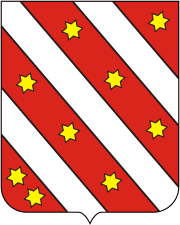 Um escudo vermelho com três listras diagonais brancas, entre as quais estão dispostas nove amarelas, estrelas de 6 pontas