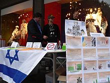 Stand run by Chrétiens Amis d'Israël denouncing the "new antisemitism" at an exhibition in Lausanne, Switzerland