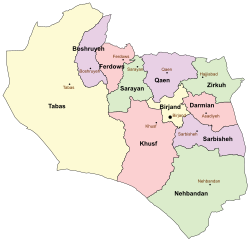 Location of Nehbandan County in South Khorasan province (bottom, green)