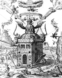 Emblematic image of a Rosicrucian College; illustration from Speculum sophicum Rhodo-stauroticum, a 1618 work by Theophilus Schweighardt. Frances Yates identifies this as the "Invisible College of the Rosy Cross. Robert Boyle was a member of this association.