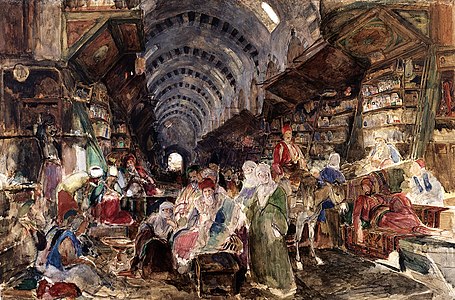 An orientalist painting of a bazaar arcade in Istanbul in 1840, showing longitudinal and traverse arcades