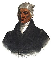 Painting of Black Hoof in American-style clothing but wearing a Shawnee turban