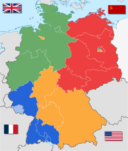 Saksan miehitysvyöhykkeet vuosina 1947–1949. Saarin protektoraatti Ranskan vyöhykkeellä merkitty vaaleansinisellä.
