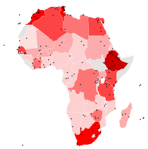 A map of World Heritage Sites in Africa as of 2016. The northern, eastern, and southern parts of the continent are relatively dense with sites; in contrast the western coast is home to relatively few.