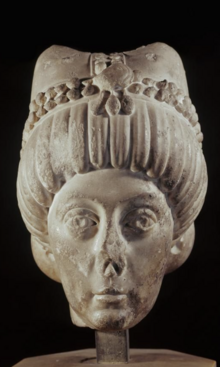 A marble portrait head of empress. Mid-sixth century A.D. Based on the mosaic portrait of Theodora in the Basilica of San Vitale, Ravenna and her description given by chronicler Procopius, the head is identified as a portrait of Theodora.