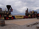 The current site of the Golden Spike National Historic Site, with replicas of No. 119 and the Jupiter facing each other to re-enact the driving of the Golden Spike