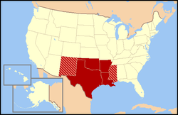 States in dark red are traditionally included in the West South Central states, while states in pink may be broadly included, although they form part of the Mountain states and East South Central states regions