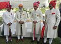 Achkan sherwani and churidar (lower body) worn by Arvind Singh Mewar and his kin during a Hindu wedding in Rajasthan, India, are items traditionally worn by the elites of the Indian subcontinent