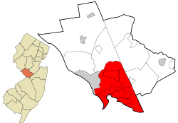 Location of Hamilton Township in Mercer County highlighted in red (right). Inset map: Location of Mercer County in New Jersey highlighted in orange (left) Interactive map of Hamilton Township, New Jersey