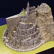 Detailed model of a massive terraced citadel made of white stone