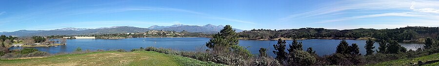 Panorama of Puddingstone Reservoir with the dam visible to the left