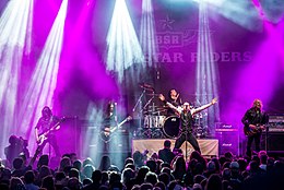 Black Star Riders (Crane, Johnson, DeGrasso, Warwick, and Gorham) performing in Gelsenkirchen, May 2015