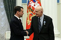 Stafford was presented with the Medal "For Merit in Space Exploration" from Russian President Dmitry Medvedev on April 12, 2011, at the Moscow Kremlin