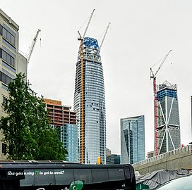 Salesforce Tower in April 2017, the day before its topping-out ceremony with 181 Fremont under construction on the right