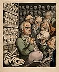 Karikaturtegning av Franz Joseph Gall og hans samling av hodeskaller og byster av berømte personligheter. Tegning: Thomas Rowlandson, 1808