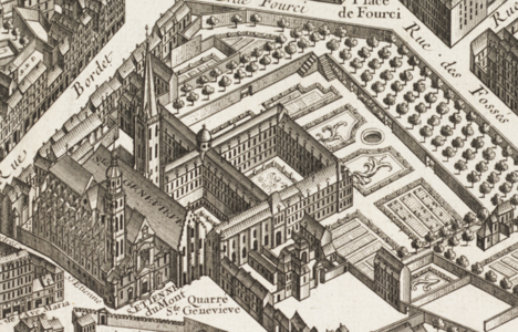 The church (left) in 1739, with the abbey (destroyed) to the right