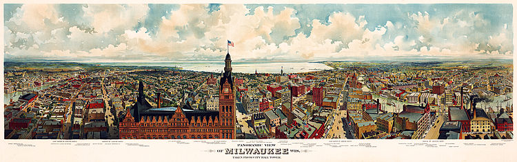 Panoramic view of Milwaukee, Wis. Taken from City Hall tower c1898