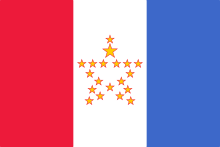 A red, white, and blue tricolor in which the central white field is emblazoned with a star composed of 19 smaller gold stars