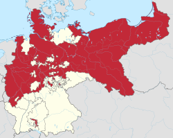 Prusia (merah) pada masa keemasannya, negara pemimpin dalam Kekaisaran Jerman