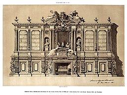 drawing of an ornate combination bookcase and chimneypiece