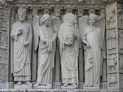 St. Denis (second from right) has angelic companions showing him polite concern; portal from Notre Dame de Paris (probably 19th century replacements)