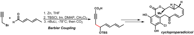 Samuel Danashefskey's total synthesis of cycloproparadiciciol utilizes an early stage Barbier reaction to access the key intermediate