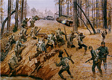 In foreground group of Japanese-American soldiers climb over a ridge and begin to fire upon a German tank in the background which is accompanied by a German half-track in a wooded area.