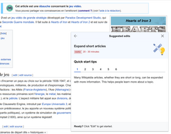 Screenshot of help panel (open) on French Wikipedia (with the interface switched to English) showing the guidance feature. The panel explains how to expand an article.