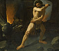 Francesco Zurbarán: Héraklés táhne Kerbera na řemeni a ohání se kyjem; Madrid 1634