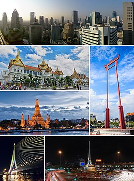Saat yönünde: Sathon Finans bölgesi paronaması, Wat Arun tapınağı, Dev salıncak, Zafer anıtı, Wat Phra Kaew tapınağı