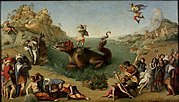Piero di Cosimo, Perseus Freeing Andromeda, c. 1510. The hero is depicted with winged sandals, while Andromeda is clothed, unlike in many later paintings.