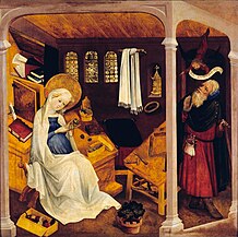 Discovering his wife pregnancy and doubting her faithfulness before being reassured by an angel, Upper Rhenish Master, c. 1430