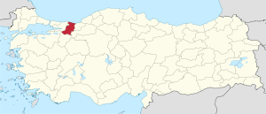 Sakarya highlighted in red on a beige political map of Turkeym