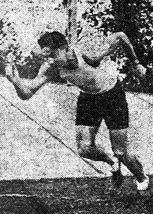 Julien Lebas, depicted at the start of a sprint in a grainy 1943 image