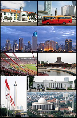 Từ đầu, trái sang phải: phố cổ Jakarta, khách sạn Indonesia Roundabout, bầu trời Jakarta, sân vận động Gelora Bung Karno, Taman Mini Indonesia Indah, tượng đài Quốc gia, quảng trường Độc lập, thánh đường Istiqlal and Jakarta Cathedral