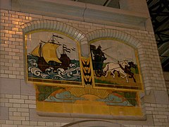1900s decoration depicting the history of the Amsterdam-Haarlem train route from the trekschuit to carriageway along the haarlemmertrekvaart.