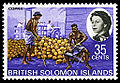 A brit Salamon-szigetek 35 centes bélyege kopra betakarítással és II. Erzsébet királynő portréjával.