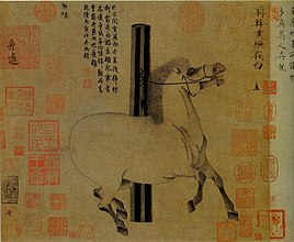 Portrait de cheval attribué à Han Gan, actif vers 740-760, dynastie Tang. Huiyebai (Blanc Lueur-nocturne): cheval favori de l'empereur Xuanzong. Encre et couleurs sur soie 25 × 30 cm, Metropolitan Museum of Art.