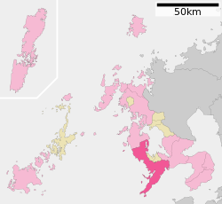 Map of Nagasaki Prefecture with Nagasaki highlighted in dark pink