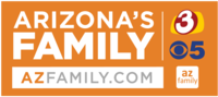 In an orange box, from top left: The white lettering "Arizona's Family" in a sans serif. Beneath, an orange box with the website "A Z FAMILY .com" in orange and gray. To the right is a white line separating it from three symbols: the 3TV logo, the CBS 5 logo, and a white rounded rectangle with the lowercase lettering "A Z FAMILY" on two lines.