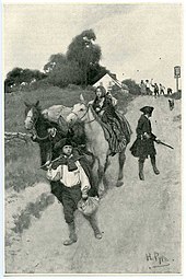 Painting shows a woman on horseback, a man with a rifle and a boy fleeing town. In the distance, people are throwing rocks at them.